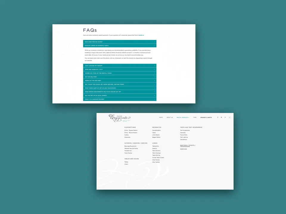 The FAQ page and the rental catalogue menu