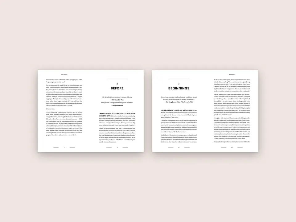 Two inside spreads opening the Before and Beginnings chapters