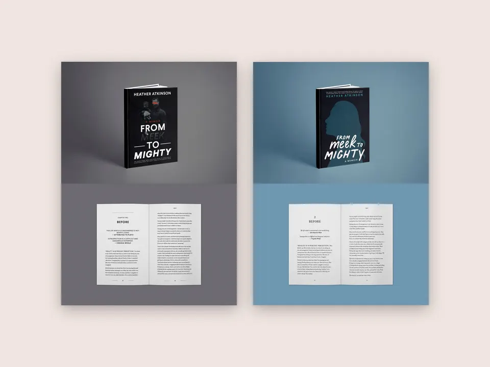 Printed book mockups of both covers with open spreads