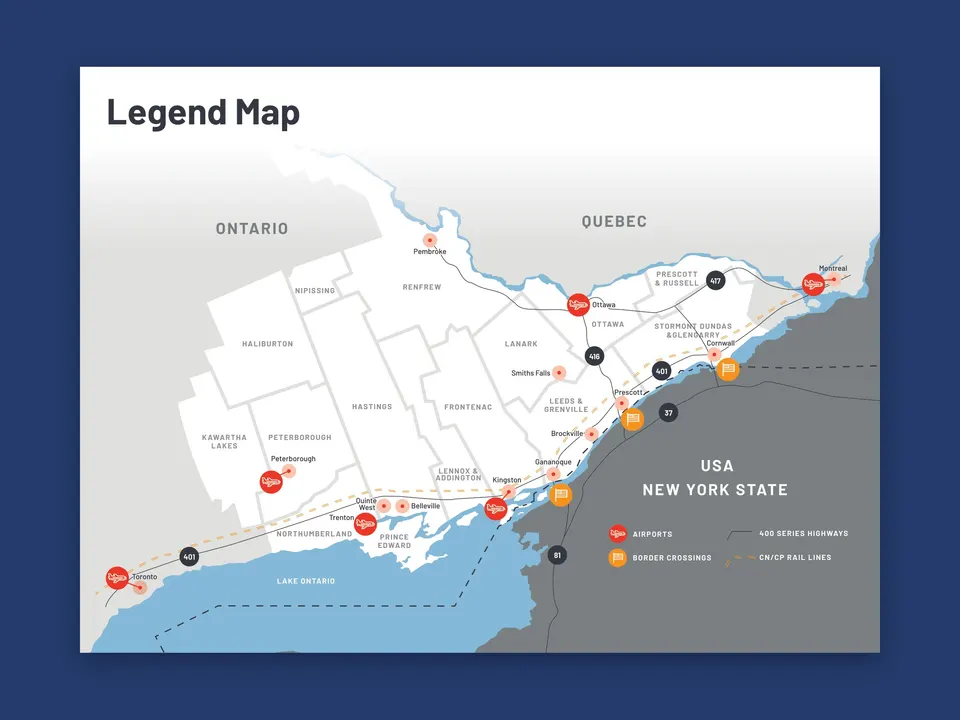 Legend map of the region between Toronto and Montreal